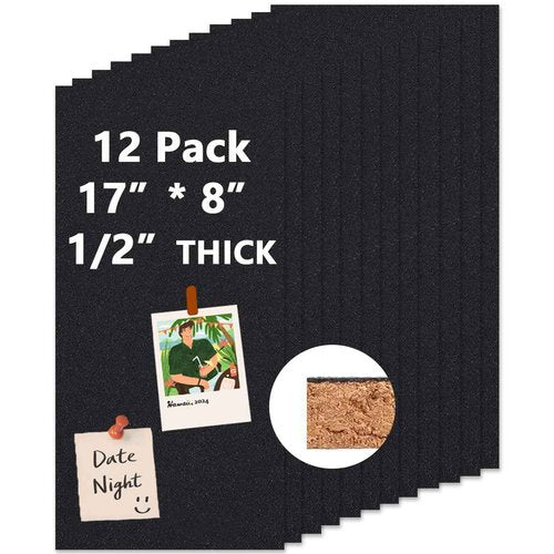 Umtiti Cork Board 17"x 8" Self-Adhesive Black Cork Board, 1/2" Thick Cork Boards, 12 Pack Black Bulletin Board (4320BK-12mm-12p)