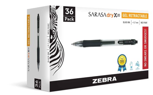 Zebra Pen Sarasa Dry X20 Retractable Gel Pens, 0.7mm Medium Point, Black Ink with Rapid Dry Ink Technology, Ideal for Office Supplies and School Supplies, 36-Pack (46136)