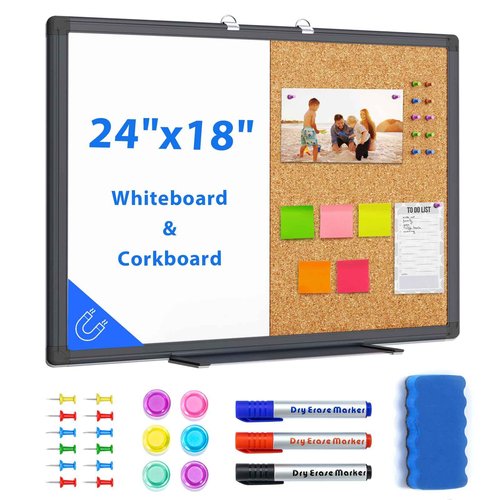 maxtek Combination White Board & Bulletin Cork Board 24 x 18 Whiteboard Magnetic, Combo Dry Erase Board with Black Aluminum Frame, 2' x 1.5' Hanging Message Board Wall Mounted for Homeschool Office