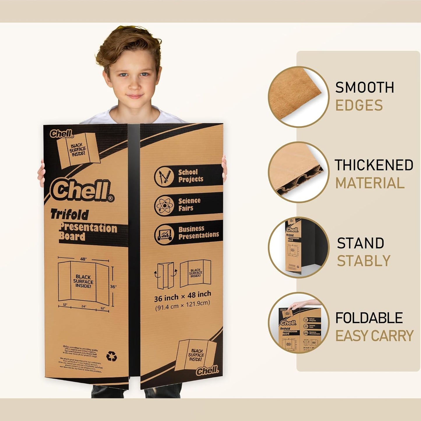 Chell Large Trifold Poster Board - 36" x 48" Black Corrugated Boards for School Projects & Presentations | 4 Pack