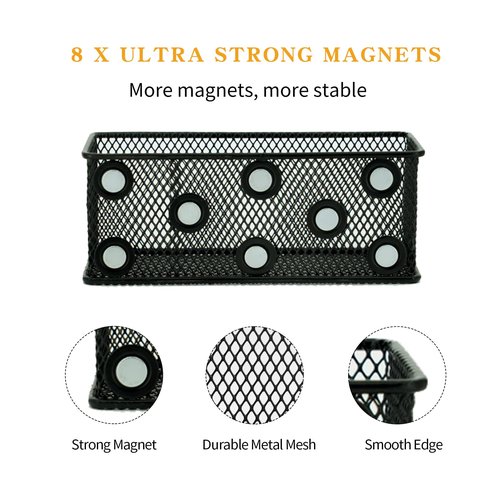 Neudeco Magnetic Locker Organizer and Accessories，Wire Mesh Magnetic Storage Basket ,Magnetic Holder for Dry Erase Markers,Strong Magnet Pen Holder for Fridge School,Pack 3 (Black)