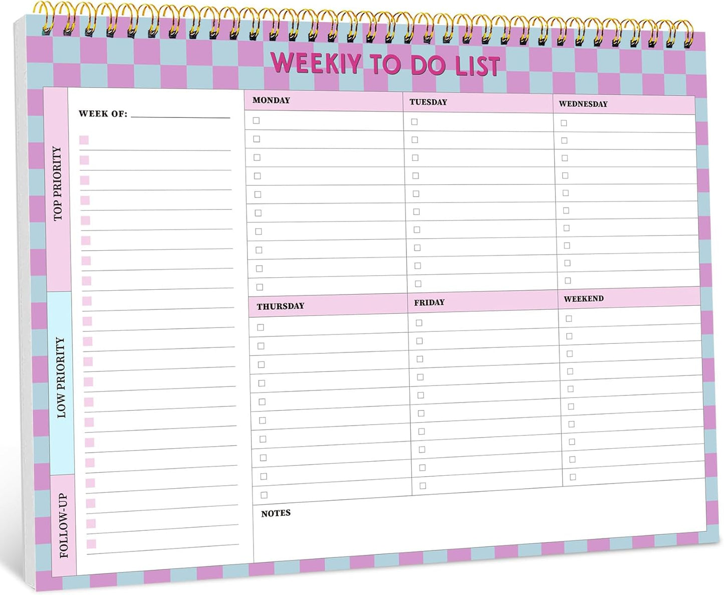 Taja Weekly To-Do List Notepad - 52 Undated Sheets, Lavender Checkered | Desk Planner for Home & Work
