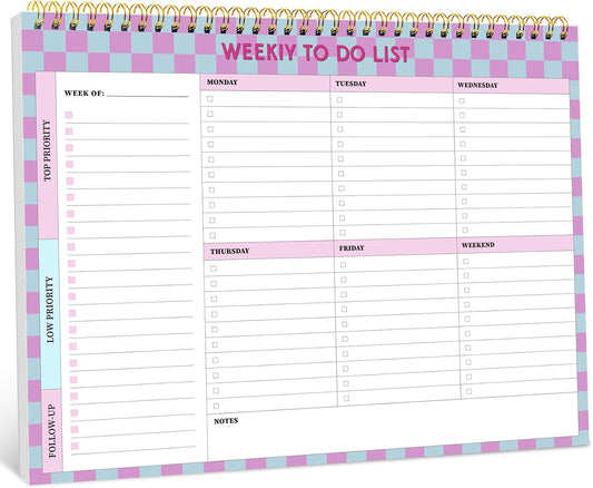 Taja Weekly To-Do List Notepad - 52 Undated Sheets, Lavender Checkered | Desk Planner for Home & Work
