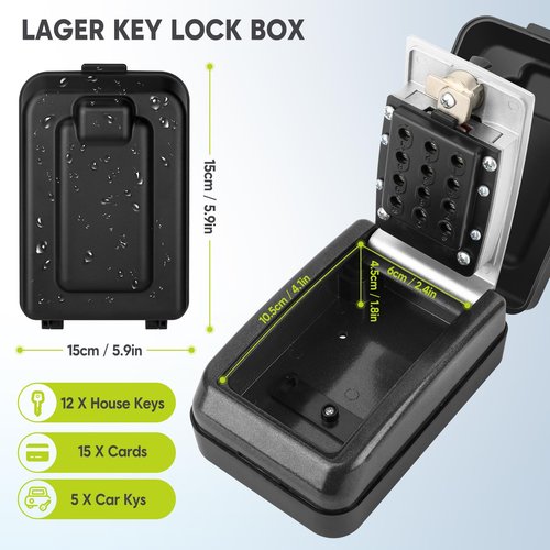 BKNOOU Sturdy Waterproof Key Lock Box for Outside, Large Capacity Wall Mount Lock Box for Keys with Code, 12-Digit Combination Resettable Security Lockbox for Outdoor House Spare Keys, Home, Garage