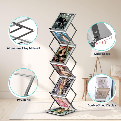 Aluminum Folding Magazine Rack with 6 Pockets, Floor-Standing Exhibition Display Stand, Perfect for showcasing brochures, magazines, and flyers in trade shows, offices, libraries, and reception areas