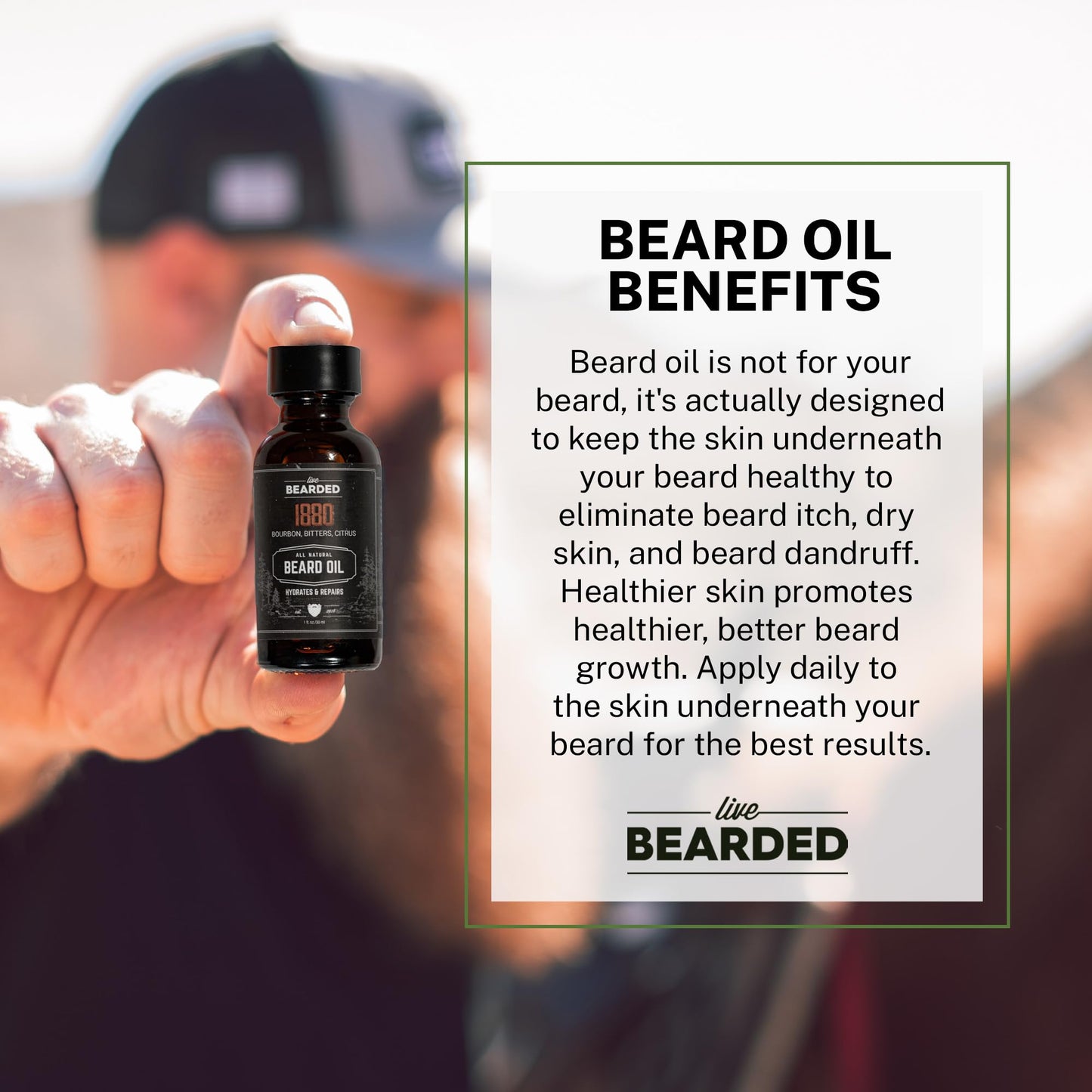Live Bearded Beard Oil, 1 fl oz - Premium All-Natural Jojoba - Made in the USA - Hair and Skin Care for Men with Dry, Flaky Patches | 1880 Scent - Bourbon, Bitters, Citrus