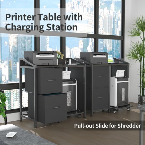 WODRAWER Printer Stand with Storage, Lateral Office Filing Cabinets with Power outlets & USB Charging Port, File Cabinet with Large Printer Stands for Home Office, Shredder Stand Rack w/Wheels, Black