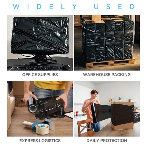 18" x 1500' Black Plastic Shrink Wrap Roll - 80 Gauge, 500% Stretch Industrial Strength Moving Wrap, Heavy Duty Pallet & Furniture Protection - 4 Roll Bundle Stretch Wrap with Handles