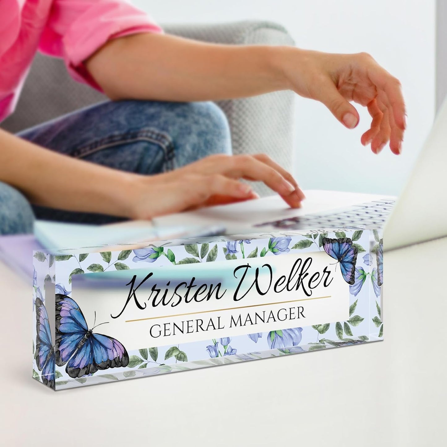 Skiennix Personalized Desk Name Plate - Custom Acrylic Office Sign for Employee Appreciation | Blue Butterfly Design