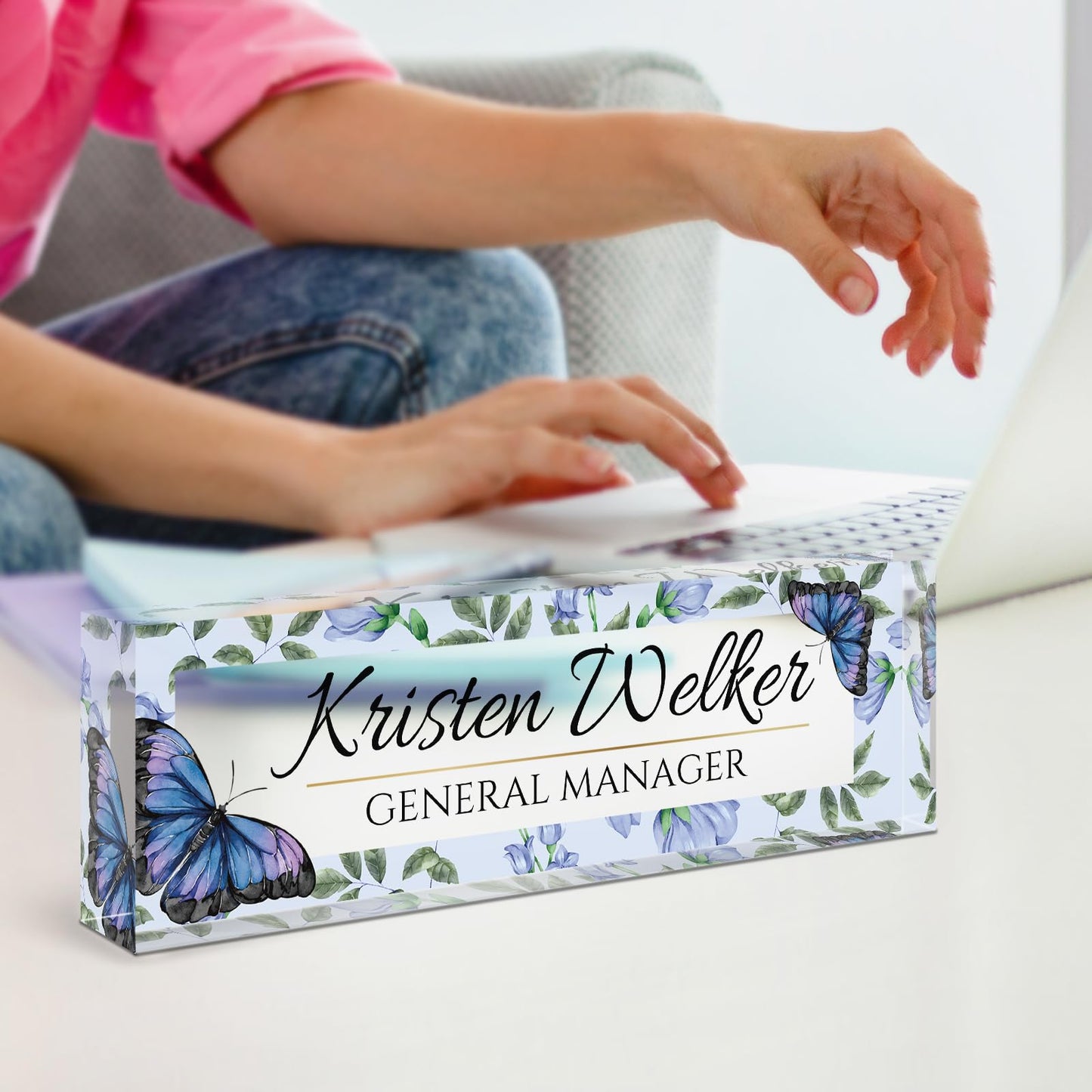 Personalized Office Name Plate for Desk - Custom Employee Appreciation Gifts - Acrylic Desk Name Plate Personalized - Staff Appreciation Gift for Teacher, Coworker, Nurse, Manager (Blue Butterfly)