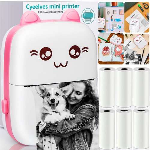 Portable Mini Thermal Printer with 6 Roll Printing Paper, Bluetooth Wireless Smart Mini Printer for iOS Android, Inkless Photo Picture QR Code Receipt List