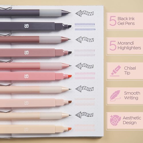 BLIEVE Aesthetic Highlighters & Gel Pens - Soft Tip, No Bleed, Fast Drying | Perfect for Bible Journaling & Planner Notes (Morandi)