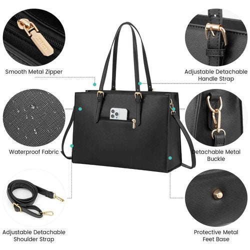 LOVEVOOK 17.3-inch Laptop Bag for Women, Large Capacity Travel Tote Bag with Clutch Purse 2PCs Set, Professional Business Computer Work Bag, Leather Shoulder Briefcase for Office Lady, Black