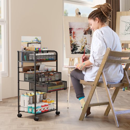 Art cart, 5 Tier Rolling Cart - Utility Cart with Storage Drawer and Wheels, Versatile Art & Craft Organizer for Home, Office, or Studio Ideal for Storing Brushes, Paints