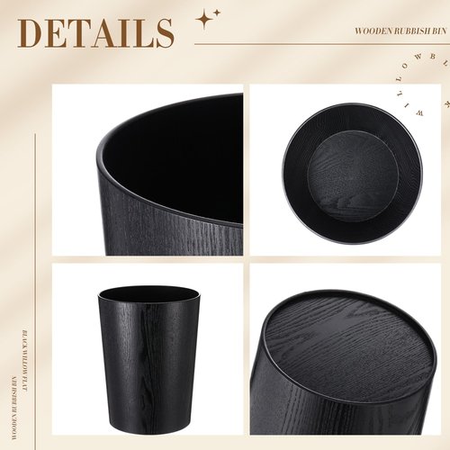 Threehoney 2 Pack 2.3 Gallons Wood Trash Can Wastebasket Natural Wood Round Wastebasket Small Trash Bin for Home, Office Under Desk, Kitchen, Bedroom, Hotel, Room(Black,Flat)