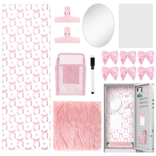 Newtay 14 Pcs Pink Locker Accessories Kit - Magnetic Locker Organizer Decorations with Bow Wallpaper, Mirror, Whiteboard, Dry Erase Pen, Pen Holder, Area Rug, Clips, Magnets for Dorm Office Gym
