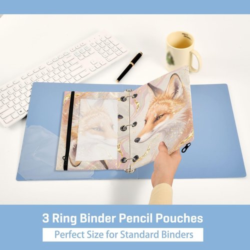 MUCEXQ Fox Pencil Pouches for 3 Ring Binder,2 Pack 3 Ring Binder Pencil Case With Zipper Reinforced Grommets,Pencil Bags for Office Organizers