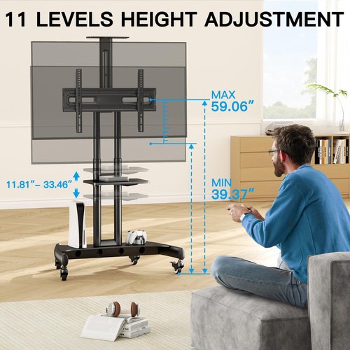 PERLESMITH Rolling TV Stand with Wheels for 32-82 Inch LCD LED 4K Flat Screen TVs, Tilt Mobile TV Cart with Shelf Holds Up to 100 lbs, Height Adjustable Floor TV Stand Max VESA 600x400mm- PSTVMC05