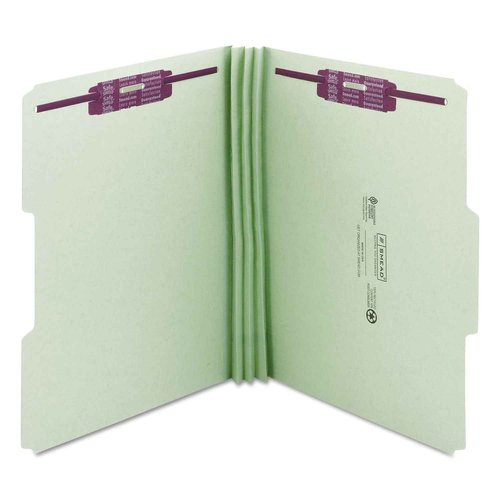 Smead Pressboard Fastener File Folder with SafeSHIELD Fasteners, 2 Fasteners, 1/3-Cut Tab, 3" Expansion, Letter Size, Gray/Green, 25 per Box (14944)