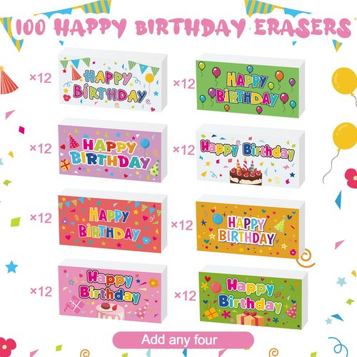 Dunzoom 100 Pcs Happy Birthday Erasers Bulk Mini Erasers for Classroom Fun Assortment Birthday Gifts for Back to School Teacher Reward Party Supplies, 8 Styles, 1.6 Inch