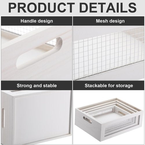 FillTouch 4 Pcs Wooden Nesting Countertop Baskets 4 Size Wooden Storage Box with Handle and Metal Wire Multipurpose Wood Organizer Crate for Fruit Vegetable Kitchen Cabinet Bathroom(White,Small)