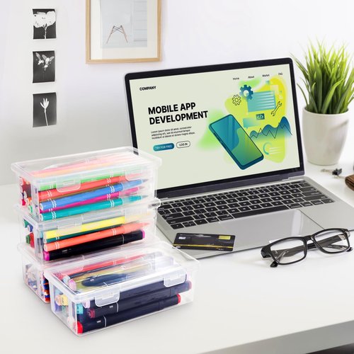 Covzoe 12 Packs Clear Pencil Box, Plastic Pencil Case with Lid, Storage Boxes Bulk Stackable Design, Durable Office Supplies Organizer for Crayon Pencil, Craft, Brush