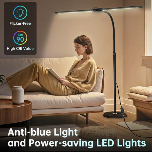 Rtrevlo LED Floor Lamp with Remote, 24W 2400LM Dimmable Standing Light with Double Heads and Adjustable Gooseneck, Modern Tall Lamp for Bedroom, Office, Living Room, Eyelash Extensions & Crafting