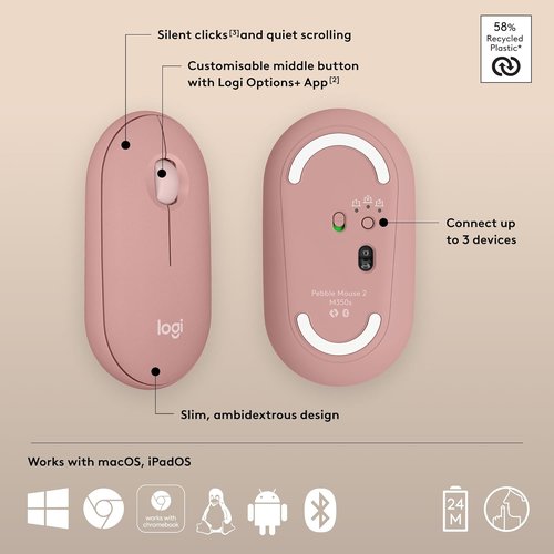 Logitech Pebble M350s Slim Bluetooth Wireless Mouse - Portable, Lightweight, Customizable, Quiet Clicks | Tonal Rose