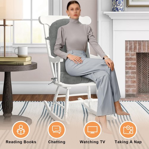 ROFIEJOX Rocking Chair Cushion - Chenille Fabric, High-Density Sponge, Durable Comfort Double-Sided Tufted Seat Pads with Ties, Chenille︱Pearl Light Grey, 44x19x4 inch