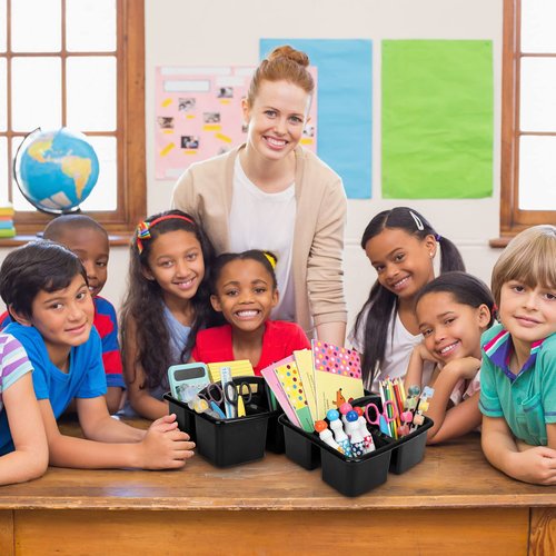 Geelin 24 Pack Classroom Caddy Bulk, Black Plastic Caddy Organizer with Handle 3-compartment Stackable Portable Storage Bins for School Office Supplies