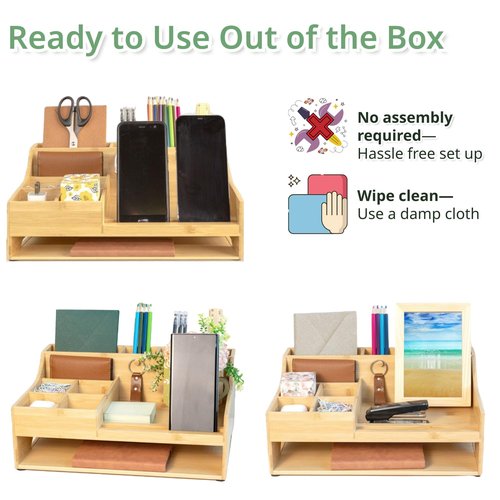 5in1 Bamboo Wood Desk Organizer with Cable Management Spacious Desk Storage & Phone Holder with Key Hooks Home & Office Supply Accessories. No Assembly