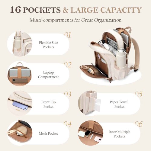 TENSTAR Laptop Backpack for Women, Computer Backpack Fit 16 Inch Notebook, Large Capacity College Backpack Bookbag Casual Daypack for Travel, Black with Beige