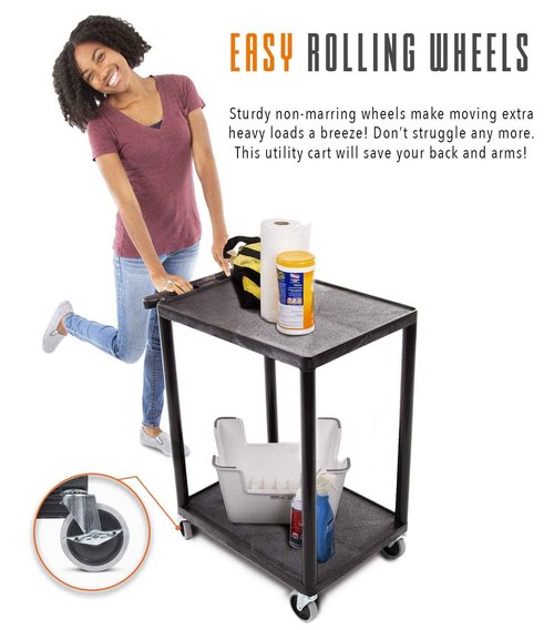 Stand Steady Tubstr 2 Flat Shelf Service Cart, Compact Heavy-Duty Utility Storage, Great for Home, Office, and Warehouse, 24 x 18, Moves Cargo Easily (Black)
