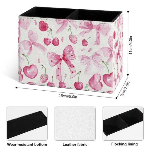 Famame Cute Bows Pink Cherry Pencil Holder for Desk, Leather Desktop Container Pen Cup Storage Study Table Pen Organizer Makeup Brush Holder for Classroom Office Home