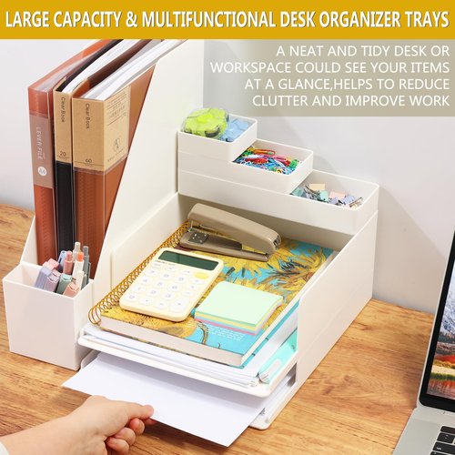 Idealiveny Stackable-File-Organizers for Office Supply Organizers with 2-Tier Paper Letter Tray Plastic File Holder Document Organizers Pen Holder and Drawer Bins for Office Desktop Organizer