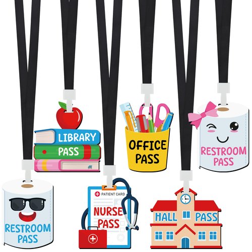 6 Sets Hall Pass Lanyards Wooden School Passes Set Unbreakable Classroom Passes Colorful Cartoon Style Hall Pass for Classroom School Restroom Library Office Nurse Teachers Gift Supplies