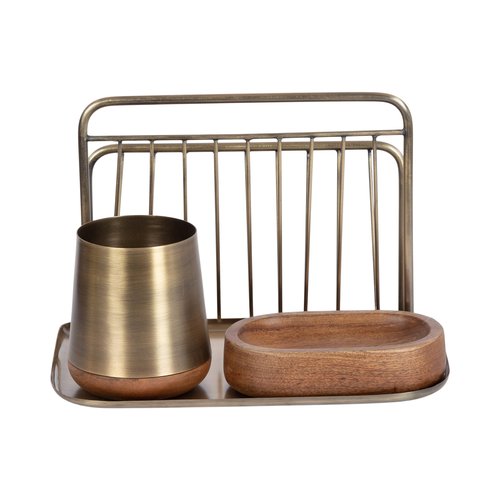 Kate and Laurel Koni Modern Three-Piece Home Office Organization Set, 13 x 8 x 9, Walnut Brown and Antique Brass, Wood and Metal Organizational Set for Office with File Folder Holder