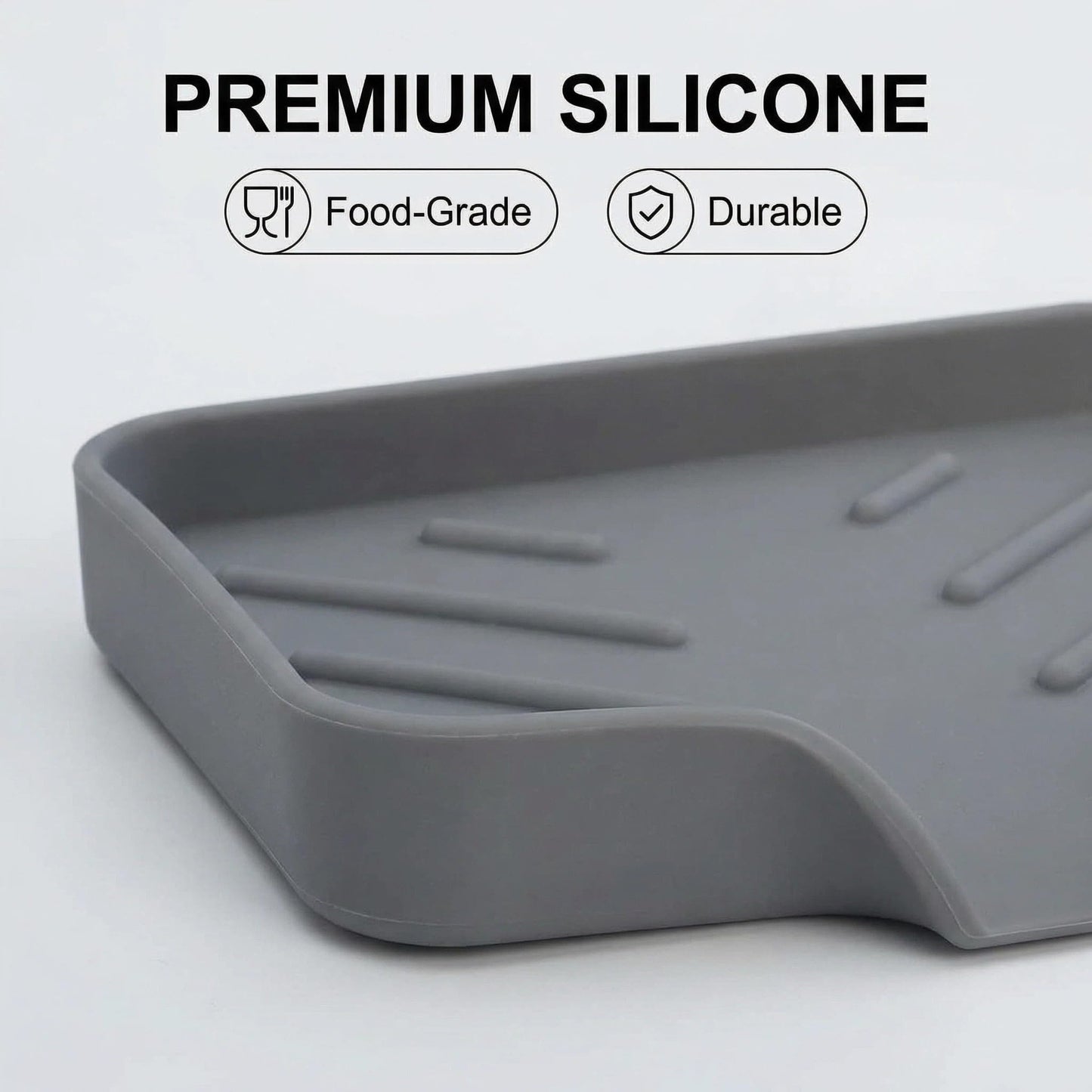 2 Pack Silicone Soap Dish with Self-Draining Spout - Bar Soap Holder for Shower & Bathroom, Kitchen Sink Sponge Holder & Countertop Organizer Tray, Easy Clean & Non-Slip (Grey)
