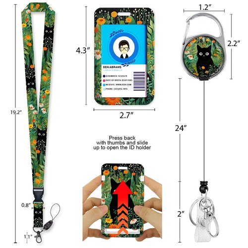 Black Cat Flower Lanyards for Id Badges, Id Badge Holder Heavy Duty and Retractable Keychain, Cute Badge Reel with 360 Degrees Rotate Carabiner Clip, Women Student Daily Office