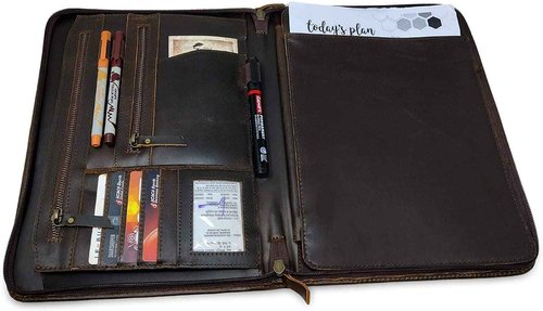 HG-LTHR Genuine Leather Business Portfolio Professional Organizer Men & Women Durable Leather Padfolio with Sleeves for documents & Notepad Compatible with Ipad pro 12.9"
