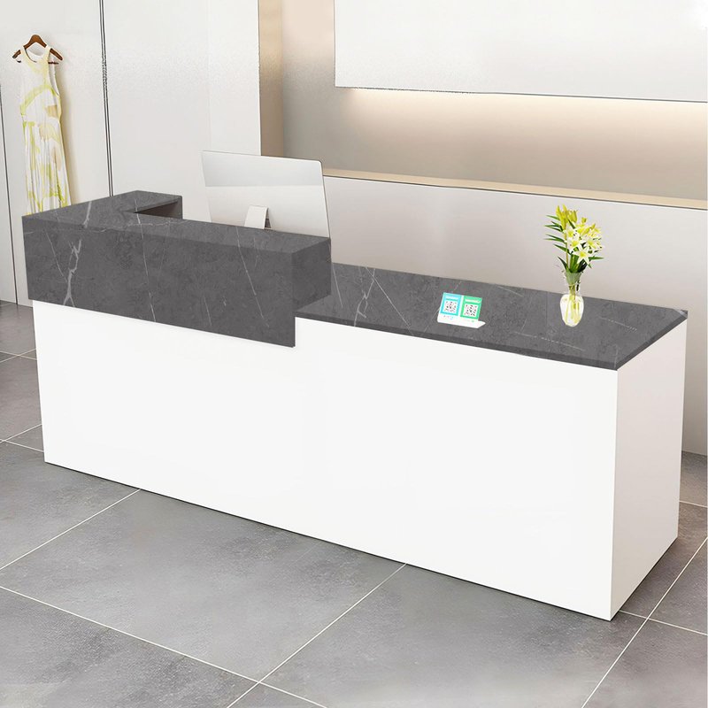Modern Reception Desk with Drawer & Open Shelves, 39-95 Inch Front Counter Table, Computer Workstation Suitable for Salons, Offices, Lobbies, Retail Stores and Home Offices