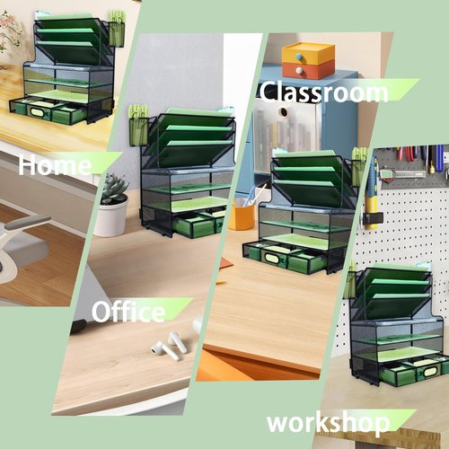 IOUGDSEC 7 Tier Desk File Organizer, Paper Tray Desk Organiser, Letter Tray Paper Organizer with Pen Holder and Metal Hanging Basket, Black