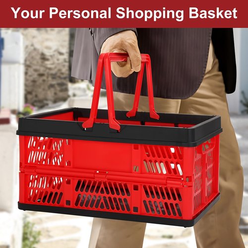 Plastic Storage Crate, Collapsible Crate for Storage Stacking Folding Storage Basket, Collapsible Shopping Basket,Car Storage Basket, Milk Crate with Handles for Kitchen, Bathroom, 20L (Red)