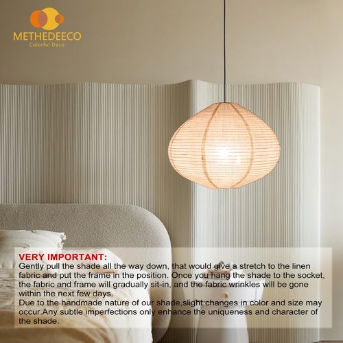 METHEDEECO 1PCS Hanging Fabric Lamp Shade 16inch,Handmade Linen Pendant Light Shade Handmade Minimalist White Beige foldable Hanging Lanterns for bedroom Living Room kitchen,house gift
