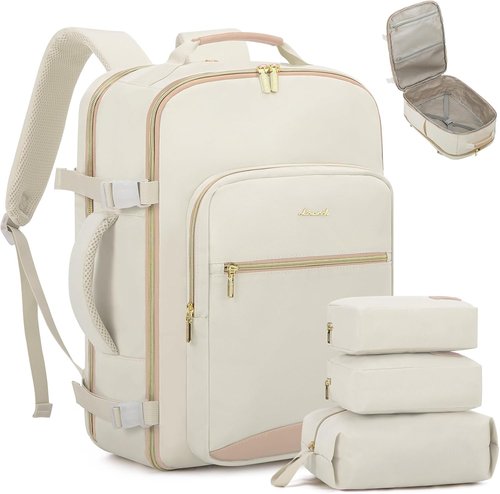 LOVEVOOK Travel Backpack - 50L Airline Approved Carry-On Bag | Waterproof with 3 Packing Cubes - Beige