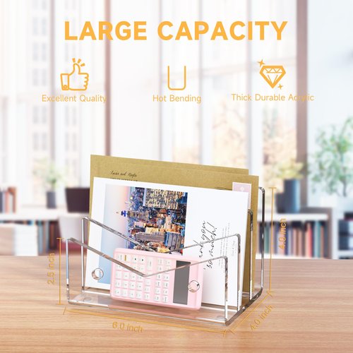 Rulyyo Mail Organizer Envelope Holder - 3 Compartments Clear Acrylic Mail Holder Countertop Vertical Desk Organizer Small File Bill Document Notebook Letter Sorter for Home School Office Supplies