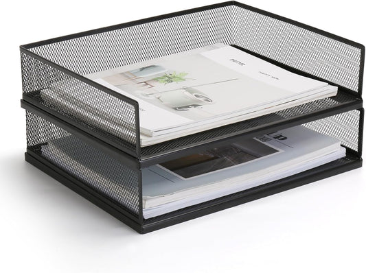 Wire Mesh Letter Trays - Stackable Metal Desk File Organizer for Office Supplies | 2 Pack