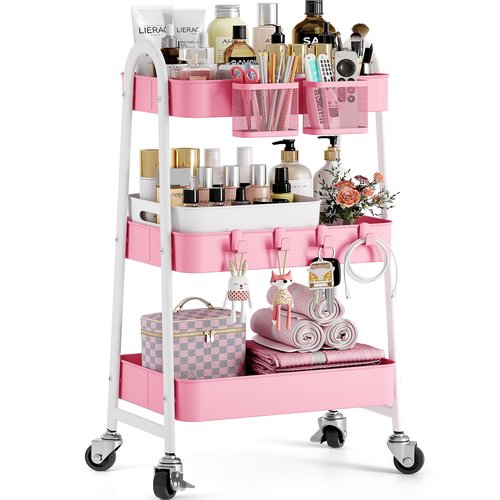 KINGRACK 3 Tier Metal Utility Rolling Cart, Rolling Storage Cart, Craft Art Cart with Handle and Locking Wheels & 2 Hanging Baskets 4 Hooks for Bathroom, Bedroom (Pure Pink with Basket and Hooks)