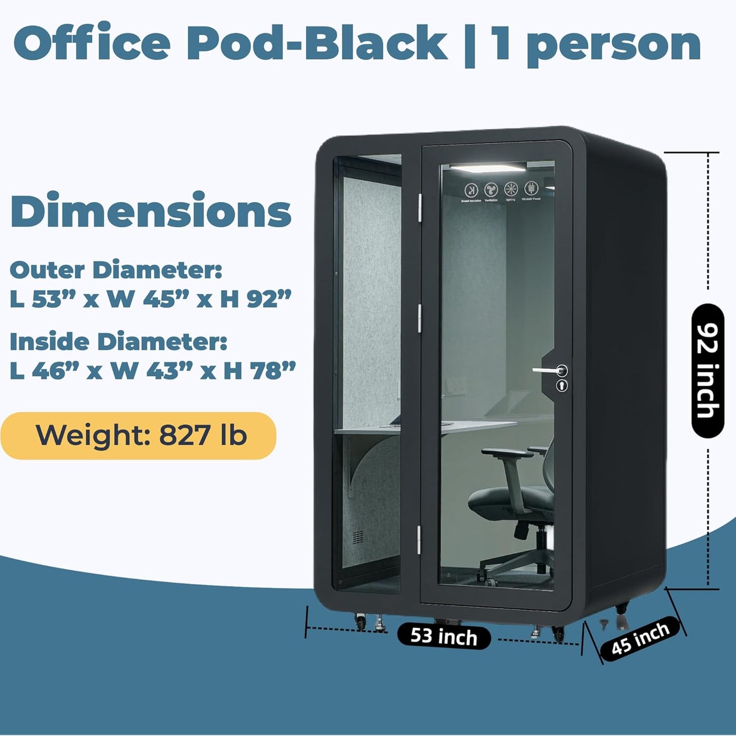 Solo Office Pod - Soundproof Mobile Office Booth with Desk, LED Light & USB Ports | Black