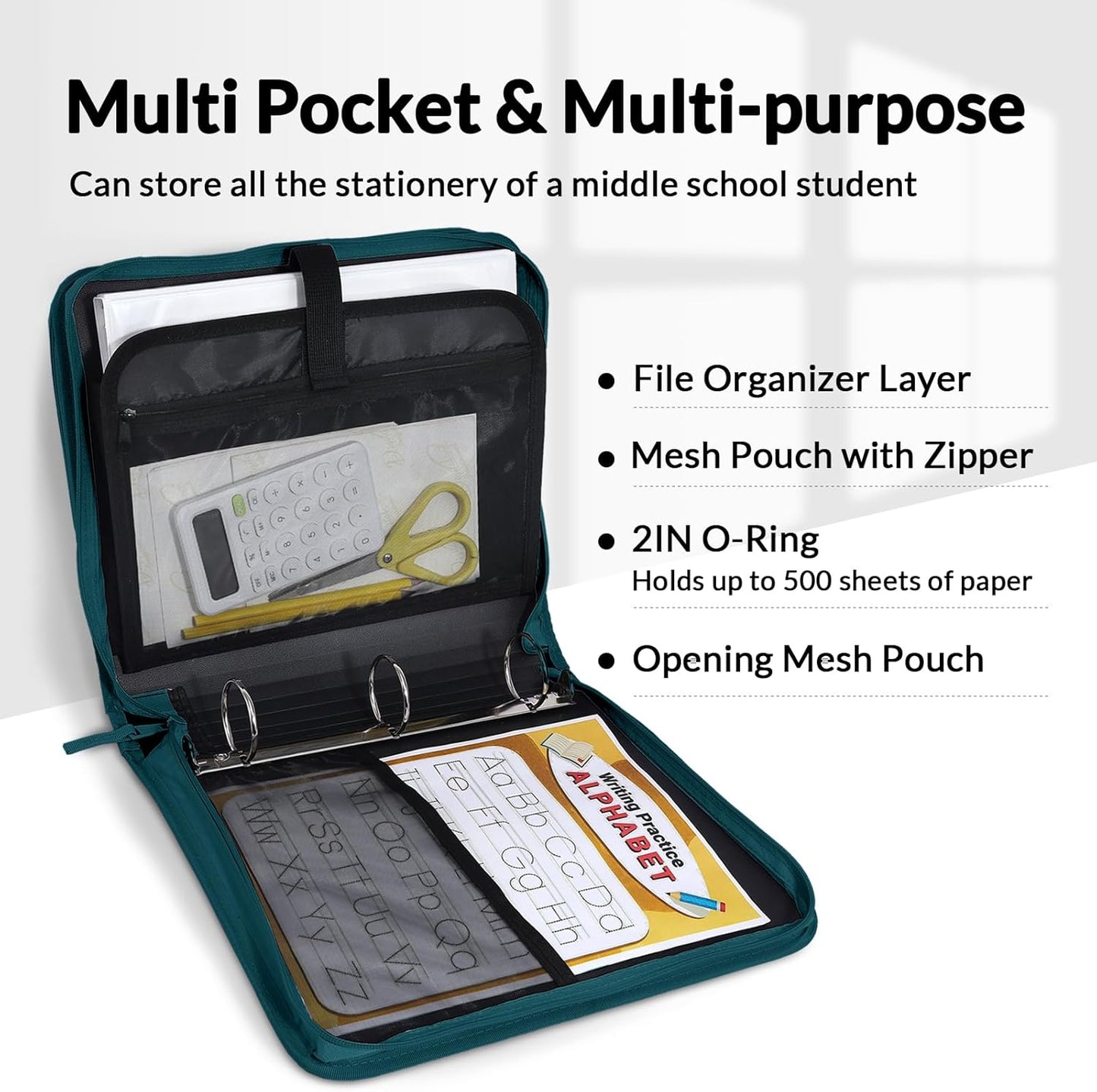 SUNEE Zippered Binder Bag - 2-Inch 3-Ring O-Ring, 500-Sheet Capacity, Multi-Pocket Organizer | Deep Teal-Green